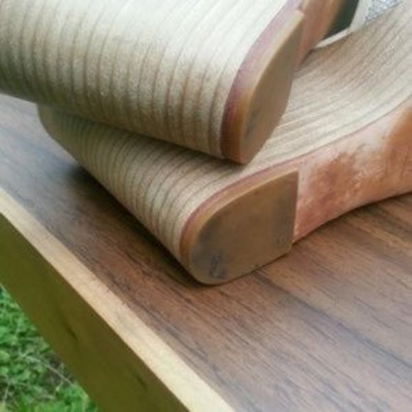 Coach Tan Leather Embellished Linen Stacked Platform Wedge Ankle Strap Shoes - Picture 5 of 14